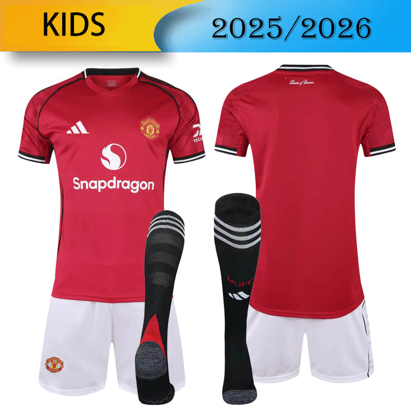 KIDS Manchester United home 2025/2026 shirt+shorts+sock kit Football team shirt Jersey