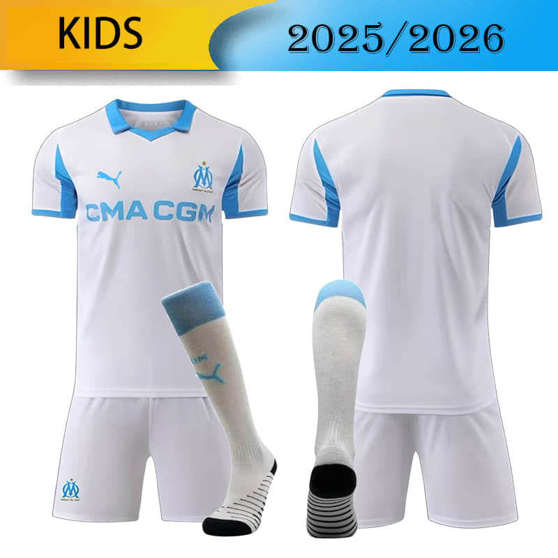 KIDS Marseille Home 2025/2026 shirt+shorts+socks kit Football team shirt Jersey