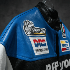 Men's Repsol Racing Leather Jacket with Blue Fire Graphics