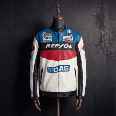 Men's Repsol Racing Leather Jacket with Blue Fire Graphics