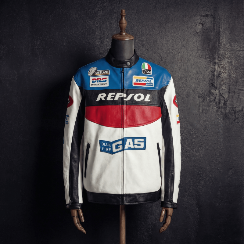 Men's Repsol Racing Leather Jacket with Blue Fire Graphics