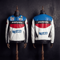 Men's Repsol Racing Leather Jacket with Blue Fire Graphics
