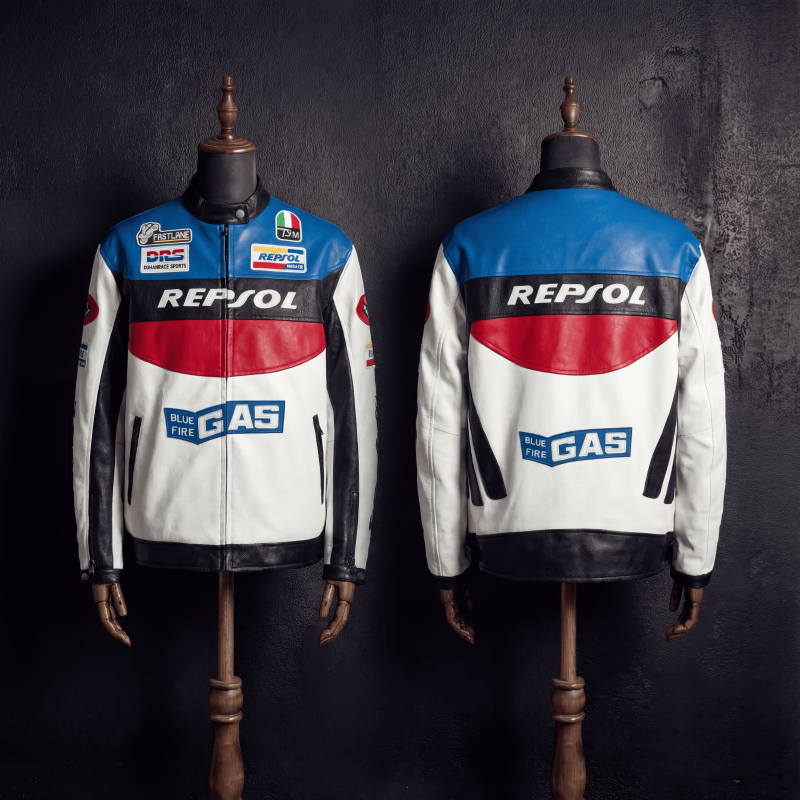 Men's Repsol Racing Leather Jacket with Blue Fire Graphics