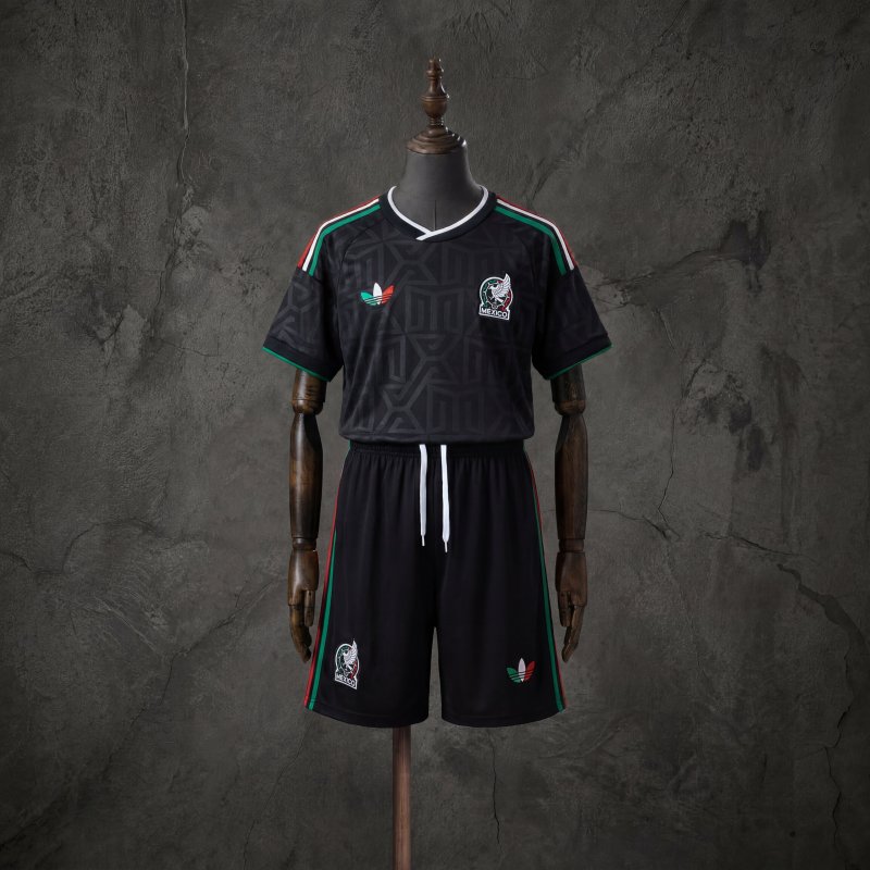 Mexico 2026 Away Kids Fan Kit Adidas Black Trefoil Football Jersey Shorts Set Sizes 16-28