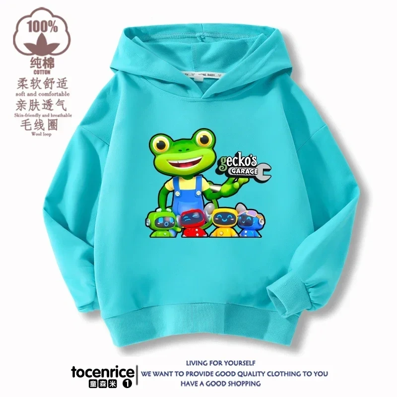 Cartoon Gecko Garage Hoodies Kids Pullover Printed Hooded Sweatshirt Boys Girls Tops Kawaii Outwear Sudadera Children Clothes