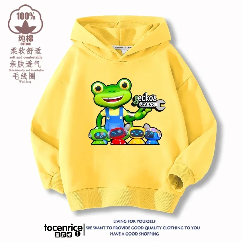 Cartoon Gecko Garage Hoodies Kids Pullover Printed Hooded Sweatshirt Boys Girls Tops Kawaii Outwear Sudadera Children Clothes