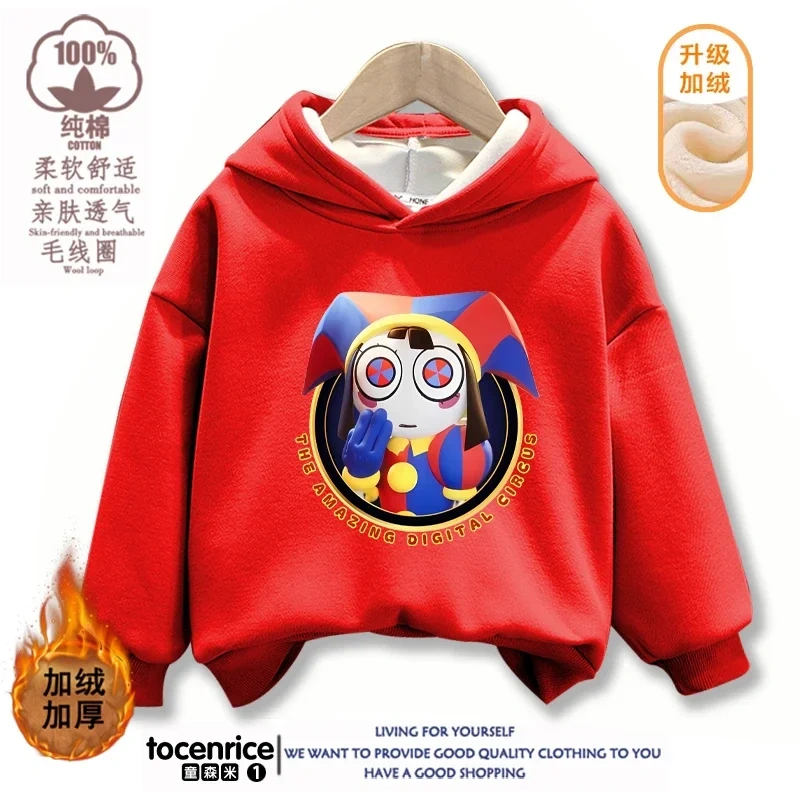 The Amazing Digital Circus Pomni Winter Autumn Velvet Hoodies Children Boys Hooded Sweatshirts Clothes for Kids Pullovers Tops