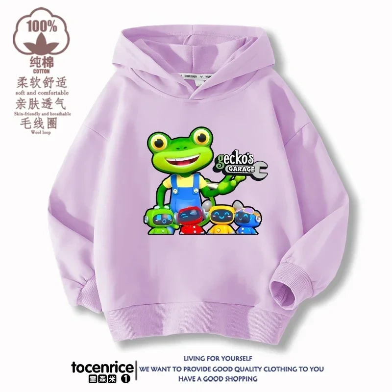 Cartoon Gecko Garage Hoodies Kids Pullover Printed Hooded Sweatshirt Boys Girls Tops Kawaii Outwear Sudadera Children Clothes