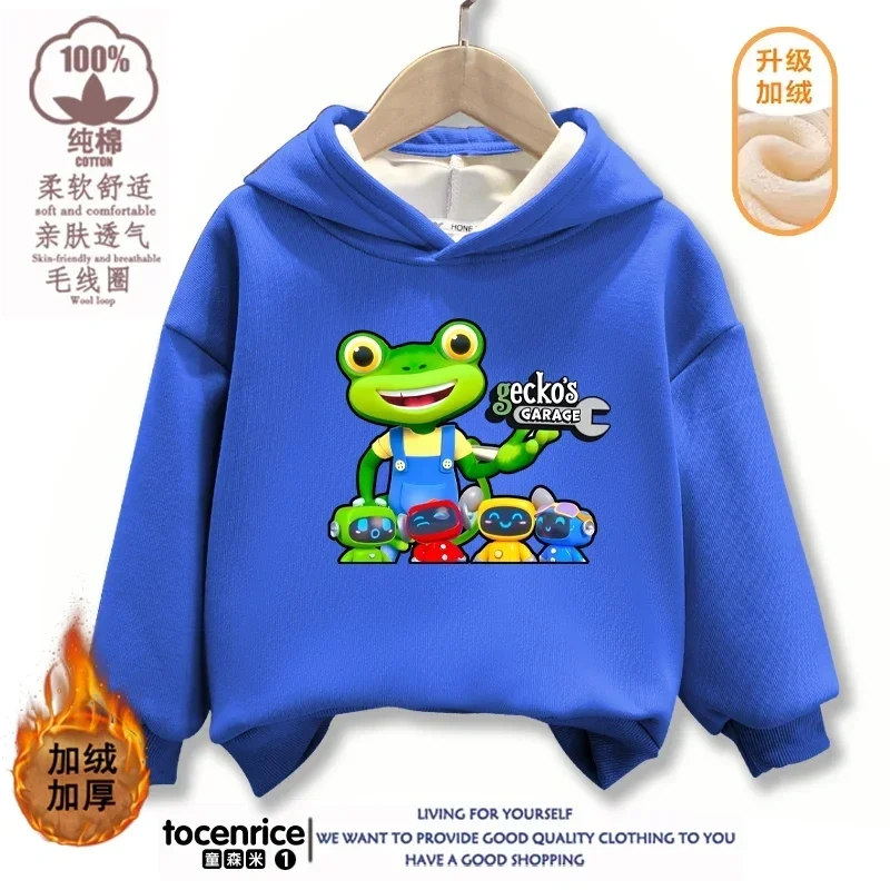Cartoon Gecko Garage Hoodies Kids Pullover Printed Hooded Sweatshirt Boys Girls Tops Kawaii Outwear Sudadera Children Clothes