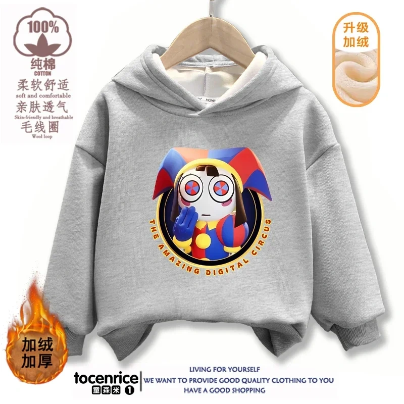 The Amazing Digital Circus Pomni Winter Autumn Velvet Hoodies Children Boys Hooded Sweatshirts Clothes for Kids Pullovers Tops