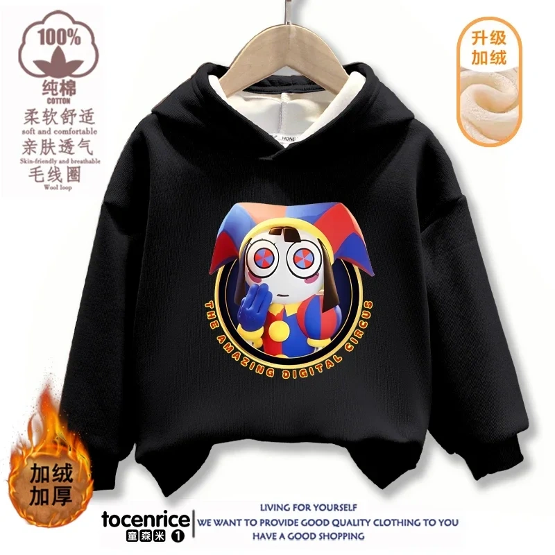 The Amazing Digital Circus Pomni Winter Autumn Velvet Hoodies Children Boys Hooded Sweatshirts Clothes for Kids Pullovers Tops