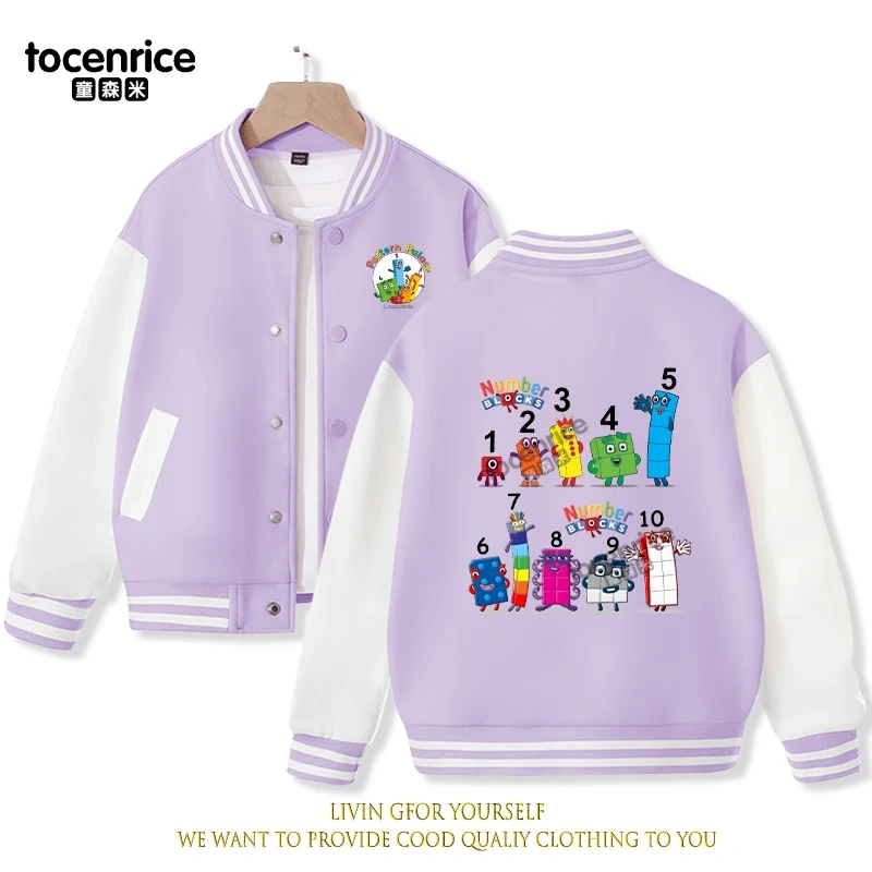 2023 New Cartoon Numberblocks Baseball Uniform Fleece Jacket Girl Boy Streetwear Cartoon Hip Hop Long Sleeve Pink Hoodie