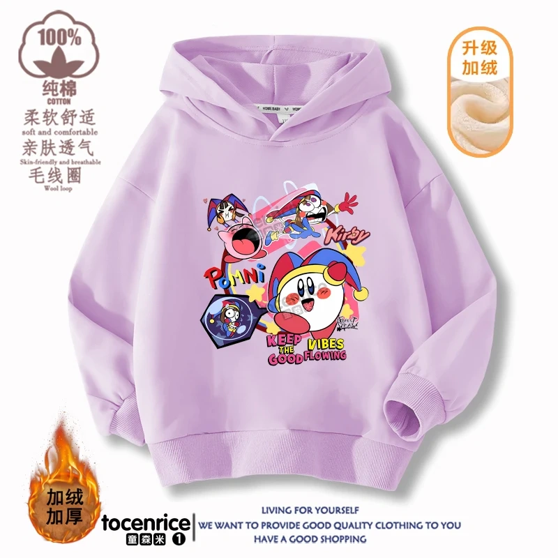 New Game Cute The Amazing Digital Circus Pomni Velvet Hoodies Children Boys Hooded Sweatshirts Clothes for Kids Pullovers Tops