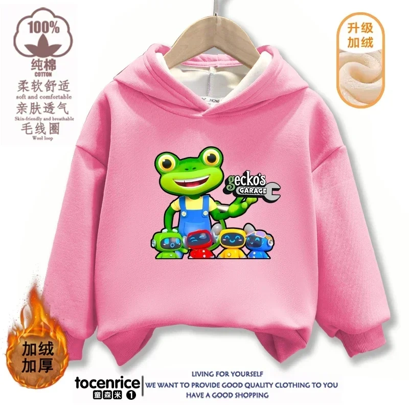 Cartoon Gecko Garage Hoodies Kids Pullover Printed Hooded Sweatshirt Boys Girls Tops Kawaii Outwear Sudadera Children Clothes