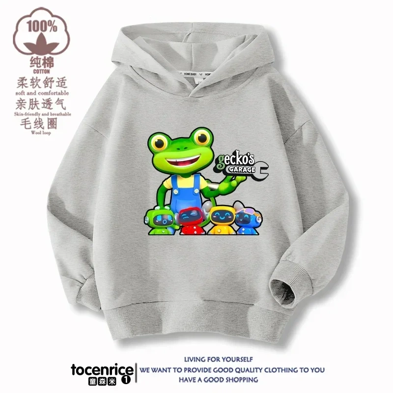 Cartoon Gecko Garage Hoodies Kids Pullover Printed Hooded Sweatshirt Boys Girls Tops Kawaii Outwear Sudadera Children Clothes