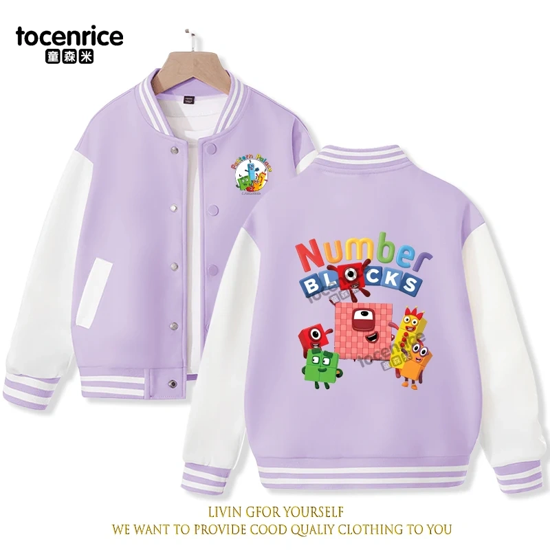 2023 New Cartoon Numberblocks Baseball Uniform Fleece Jacket Girl Boy Streetwear Cartoon Hip Hop Long Sleeve Pink Hoodie