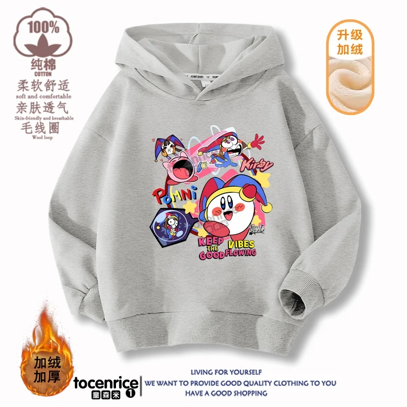 New Game Cute The Amazing Digital Circus Pomni Velvet Hoodies Children Boys Hooded Sweatshirts Clothes for Kids Pullovers Tops