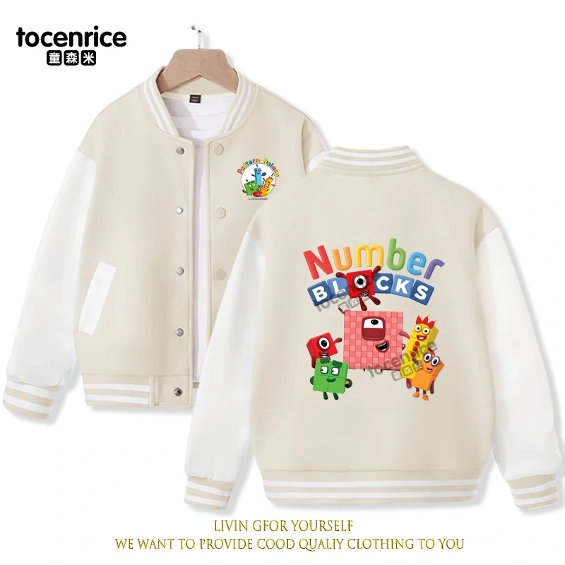 2023 New Cartoon Numberblocks Baseball Uniform Fleece Jacket Girl Boy Streetwear Cartoon Hip Hop Long Sleeve Pink Hoodie