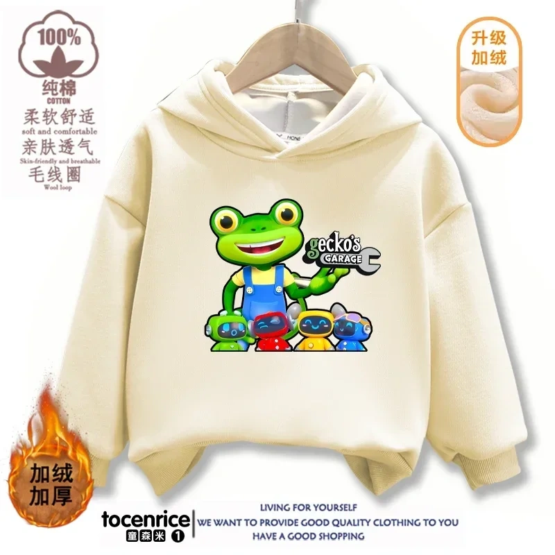 Cartoon Gecko Garage Hoodies Kids Pullover Printed Hooded Sweatshirt Boys Girls Tops Kawaii Outwear Sudadera Children Clothes