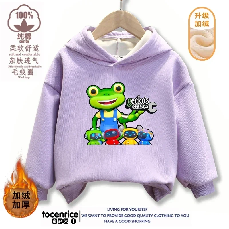 Cartoon Gecko Garage Hoodies Kids Pullover Printed Hooded Sweatshirt Boys Girls Tops Kawaii Outwear Sudadera Children Clothes