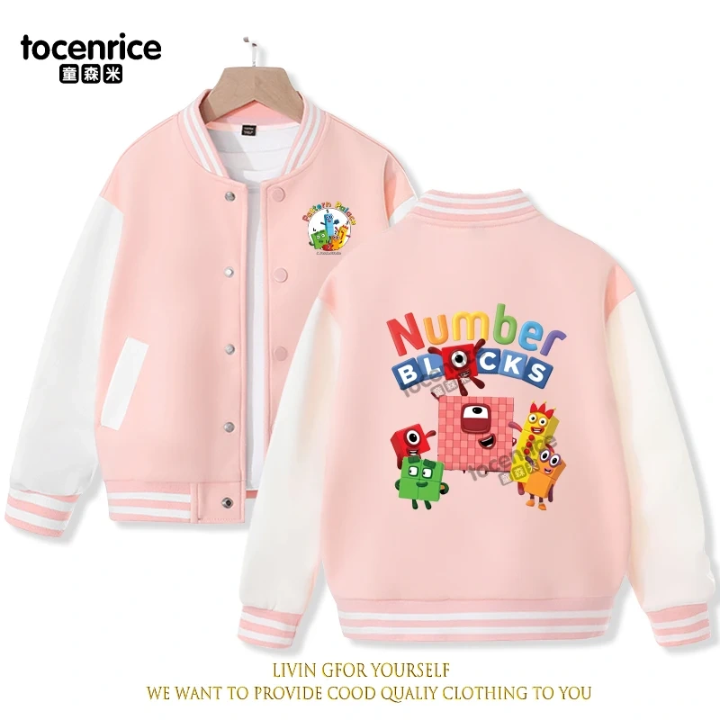 2023 New Cartoon Numberblocks Baseball Uniform Fleece Jacket Girl Boy Streetwear Cartoon Hip Hop Long Sleeve Pink Hoodie