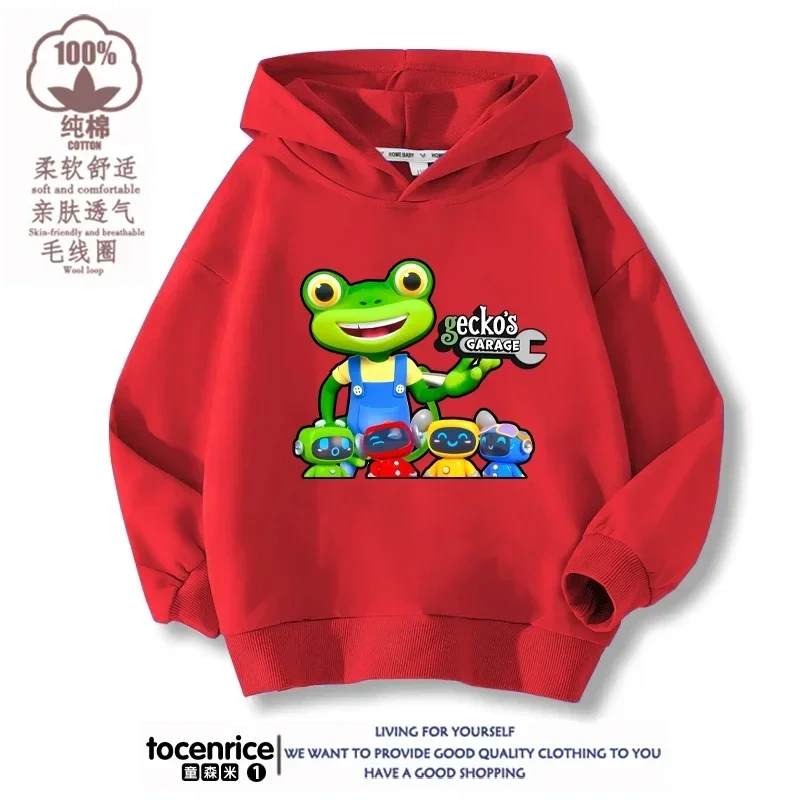 Cartoon Gecko Garage Hoodies Kids Pullover Printed Hooded Sweatshirt Boys Girls Tops Kawaii Outwear Sudadera Children Clothes
