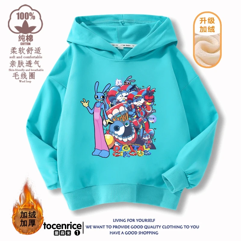 The Amazing Digital Circus Print  Winter Autumn Velvet Hoodies Children Boys Hooded Sweatshirts Clothes for Kids Pullovers Tops