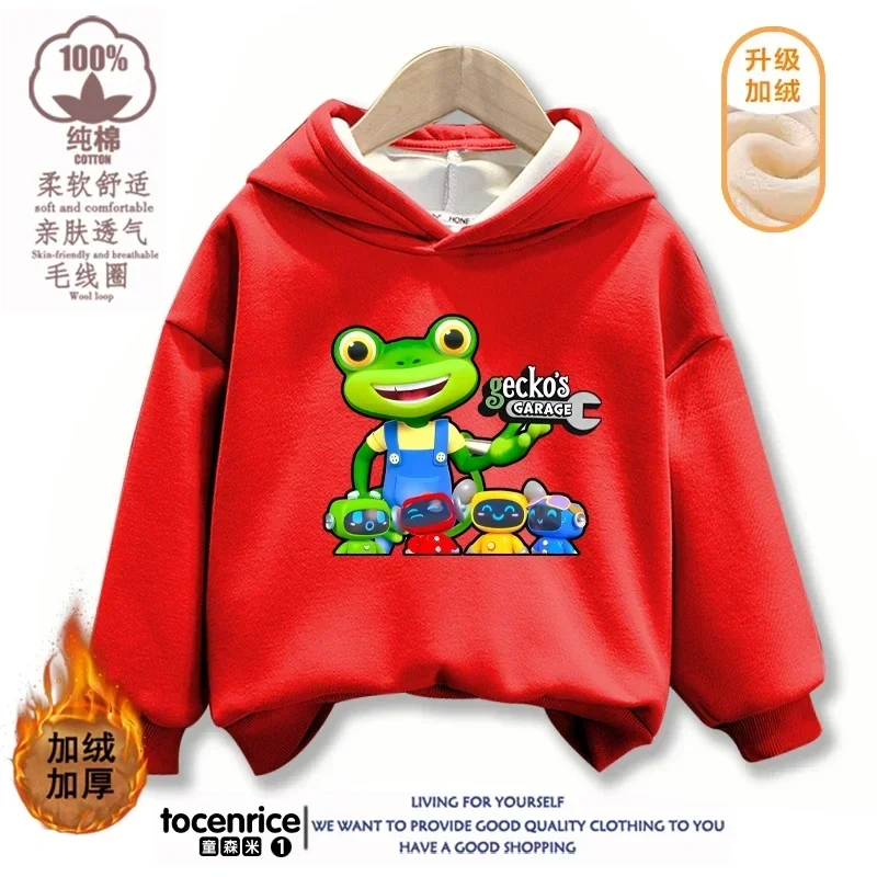 Cartoon Gecko Garage Hoodies Kids Pullover Printed Hooded Sweatshirt Boys Girls Tops Kawaii Outwear Sudadera Children Clothes
