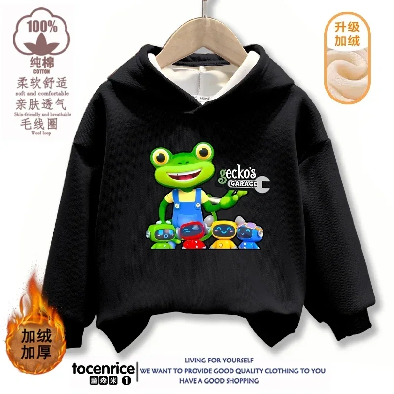 Cartoon Gecko Garage Hoodies Kids Pullover Printed Hooded Sweatshirt Boys Girls Tops Kawaii Outwear Sudadera Children Clothes