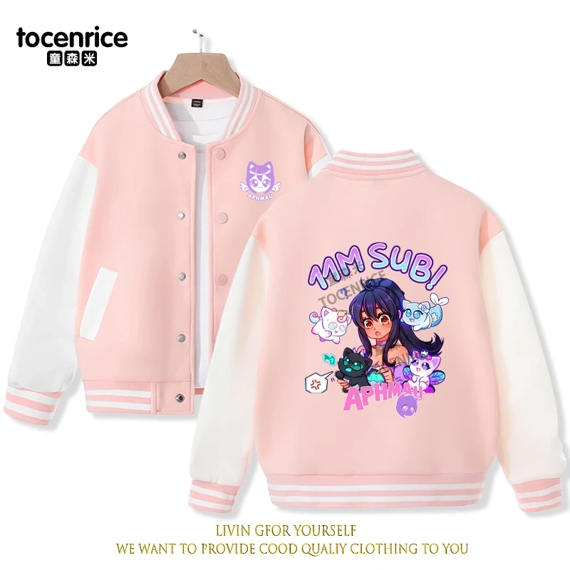 2023 New Cartoon Aphmau Baseball Uniform Fleece Jacket Girl Boy Streetwear Cartoon Hip Hop Long Sleeve Pink Hoodie