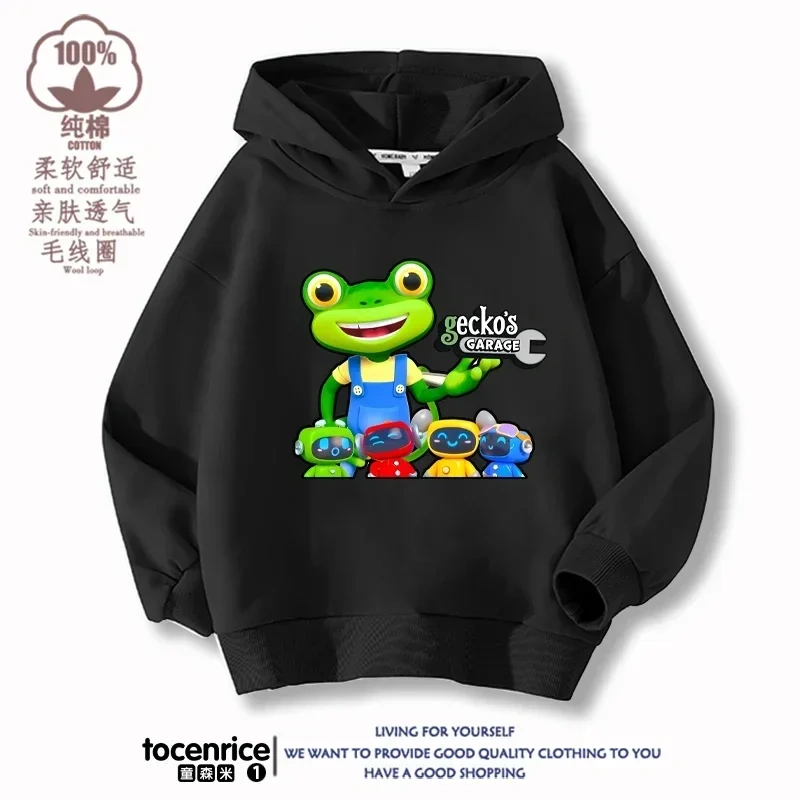 Cartoon Gecko Garage Hoodies Kids Pullover Printed Hooded Sweatshirt Boys Girls Tops Kawaii Outwear Sudadera Children Clothes