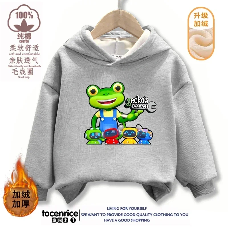 Cartoon Gecko Garage Hoodies Kids Pullover Printed Hooded Sweatshirt Boys Girls Tops Kawaii Outwear Sudadera Children Clothes