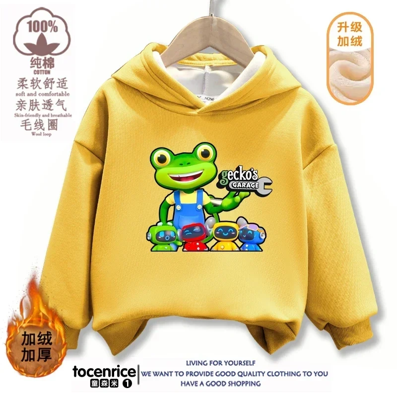 Cartoon Gecko Garage Hoodies Kids Pullover Printed Hooded Sweatshirt Boys Girls Tops Kawaii Outwear Sudadera Children Clothes