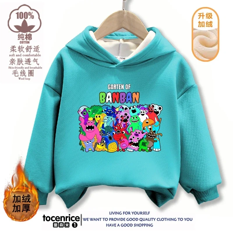 Garten of Banban VI Print Banban Winter Autumn Velvet Hoodies Children Boys Hooded Sweatshirts Clothes for Kids Pullovers Tops