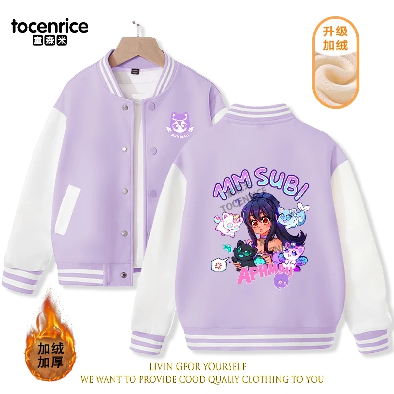 2023 New Cartoon Aphmau Baseball Uniform Fleece Jacket Girl Boy Streetwear Cartoon Hip Hop Long Sleeve Pink Hoodie