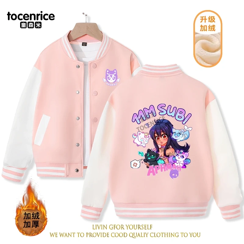2023 New Cartoon Aphmau Baseball Uniform Fleece Jacket Girl Boy Streetwear Cartoon Hip Hop Long Sleeve Pink Hoodie