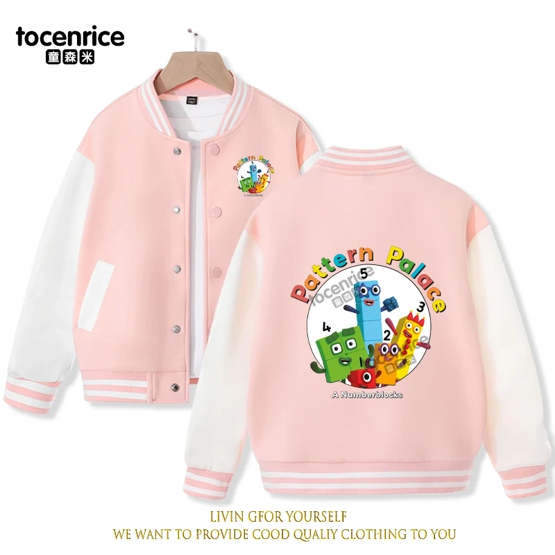 2023 New Cartoon Numberblocks Baseball Uniform Fleece Jacket Girl Boy Streetwear Cartoon Hip Hop Long Sleeve Pink Hoodie