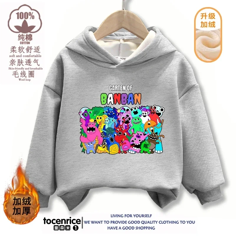 Garten of Banban VI Print Banban Winter Autumn Velvet Hoodies Children Boys Hooded Sweatshirts Clothes for Kids Pullovers Tops