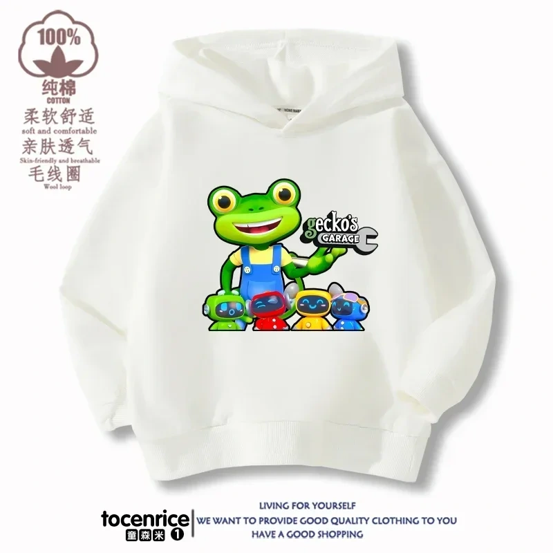 Cartoon Gecko Garage Hoodies Kids Pullover Printed Hooded Sweatshirt Boys Girls Tops Kawaii Outwear Sudadera Children Clothes