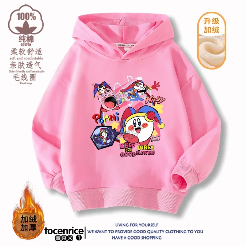 New Game Cute The Amazing Digital Circus Pomni Velvet Hoodies Children Boys Hooded Sweatshirts Clothes for Kids Pullovers Tops