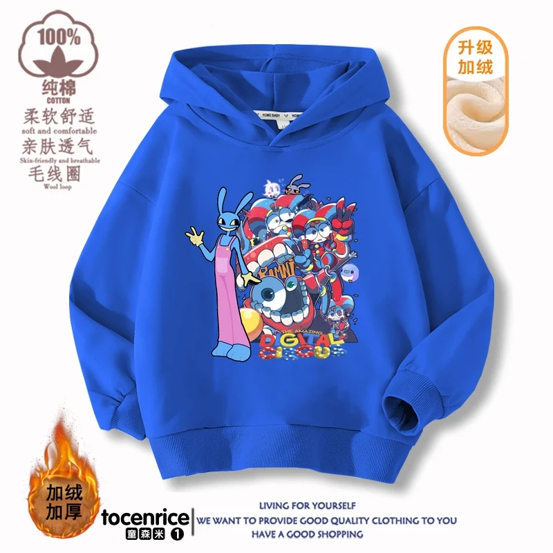 The Amazing Digital Circus Print  Winter Autumn Velvet Hoodies Children Boys Hooded Sweatshirts Clothes for Kids Pullovers Tops