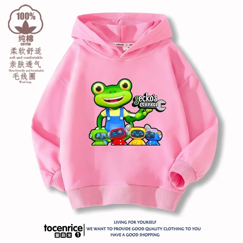 Cartoon Gecko Garage Hoodies Kids Pullover Printed Hooded Sweatshirt Boys Girls Tops Kawaii Outwear Sudadera Children Clothes