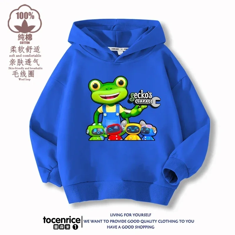 Cartoon Gecko Garage Hoodies Kids Pullover Printed Hooded Sweatshirt Boys Girls Tops Kawaii Outwear Sudadera Children Clothes