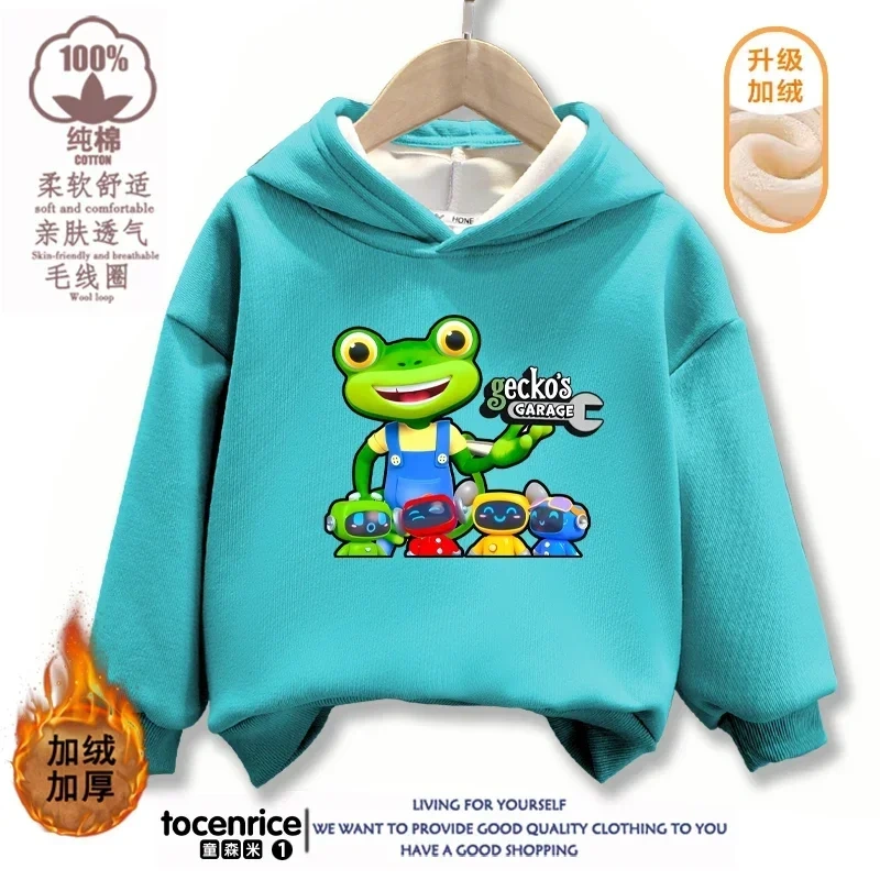 Cartoon Gecko Garage Hoodies Kids Pullover Printed Hooded Sweatshirt Boys Girls Tops Kawaii Outwear Sudadera Children Clothes