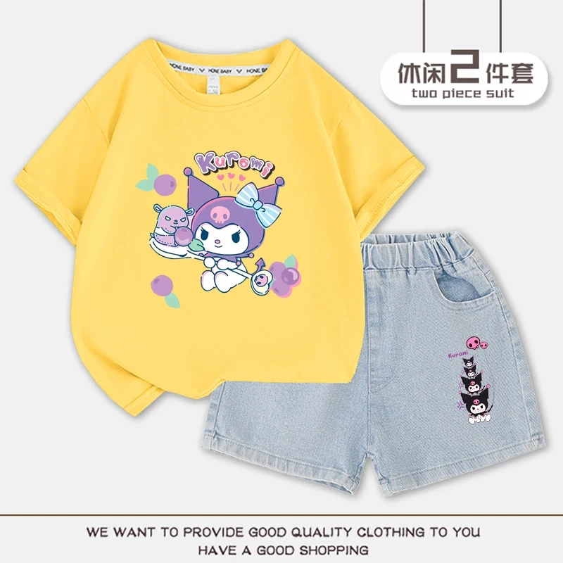 Cartoon Cute Kuromi Children T-shirt Denim Shorts Set Kawaii Summer Cotton Short Sleeve Top 2Pcs/sets T-Shirt Shorts