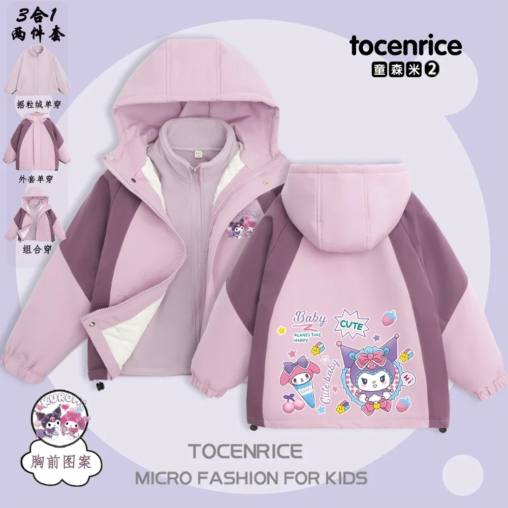 Cute Cartoon Kuromi Interchange Jacket 3-in-1 Winter Jacket Hooded Coat Boys Girls Blazer Windproof Sweet Coats Windbreaker