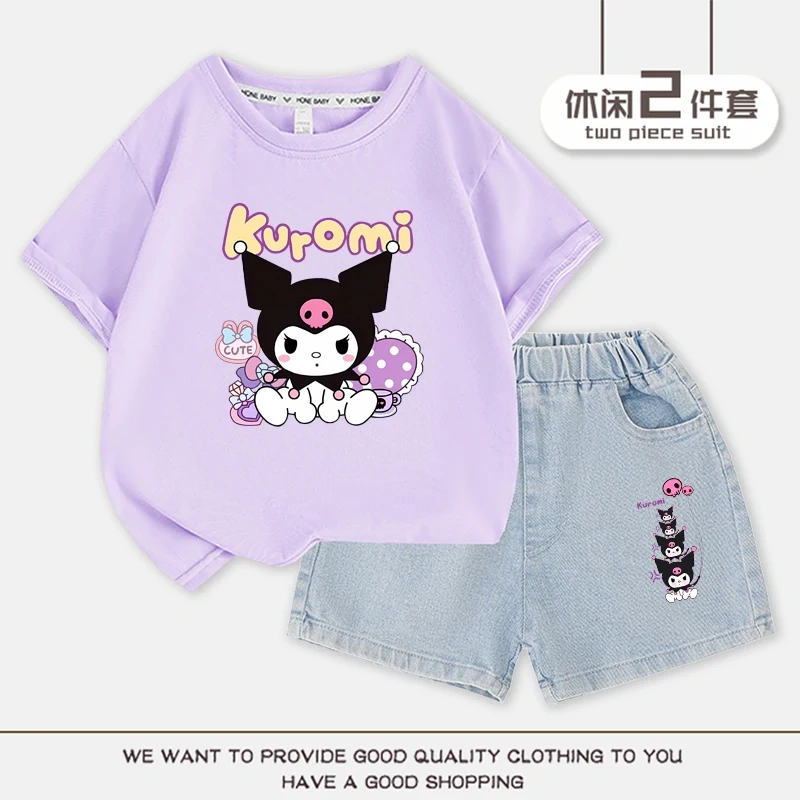 2023 Anime Kuromi Summer Children Suits Girls Short Sleeve Sets Baby T-Shirts+Shorts 2 Piece Gift Loose Casual Sleeve Shorts