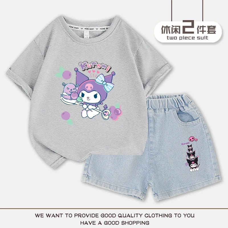 Cartoon Cute Kuromi Children T-shirt Denim Shorts Set Kawaii Summer Cotton Short Sleeve Top 2Pcs/sets T-Shirt Shorts