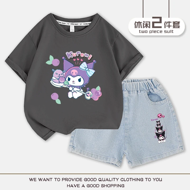 Cartoon Cute Kuromi Children T-shirt Denim Shorts Set Kawaii Summer Cotton Short Sleeve Top 2Pcs/sets T-Shirt Shorts