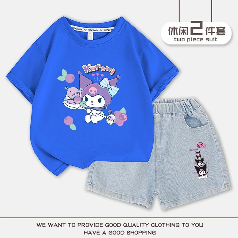 Cartoon Cute Kuromi Children T-shirt Denim Shorts Set Kawaii Summer Cotton Short Sleeve Top 2Pcs/sets T-Shirt Shorts